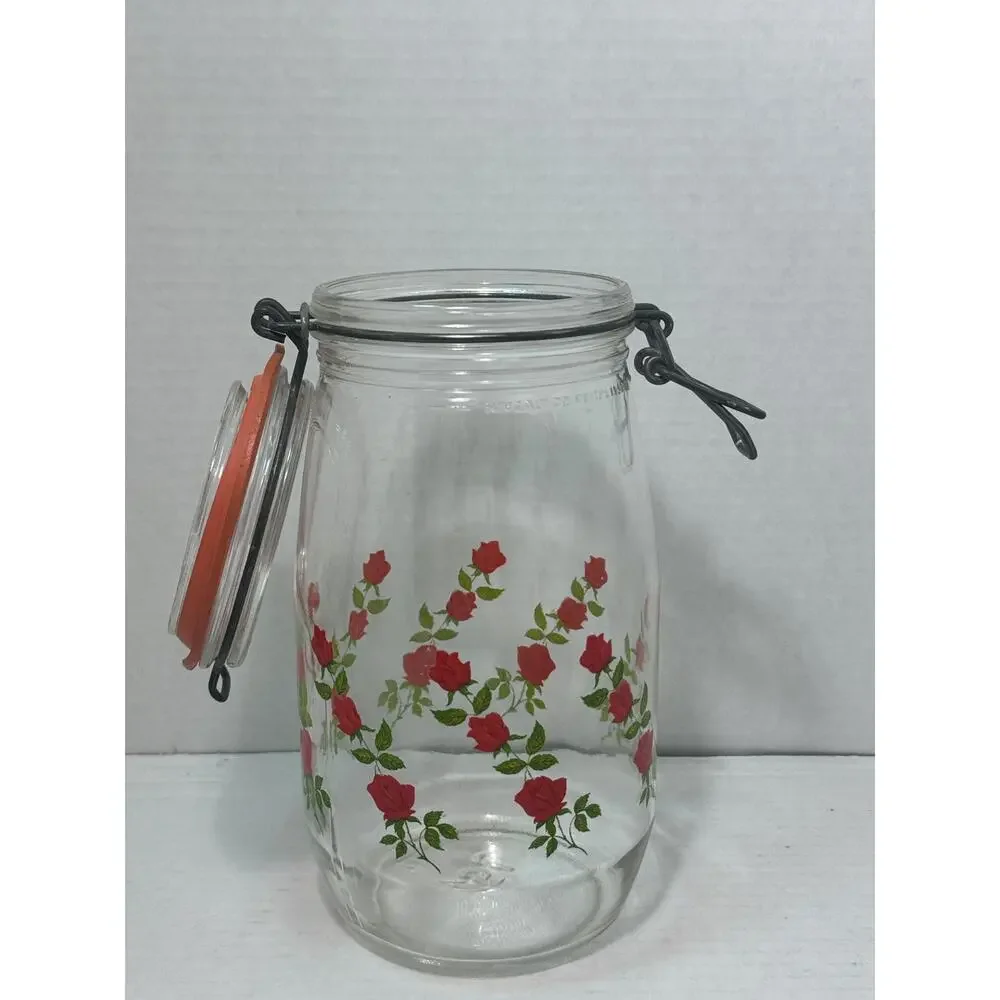 Vintage ARC Red Roses / Flowers Jar / Cannister Made in France 1.5 L